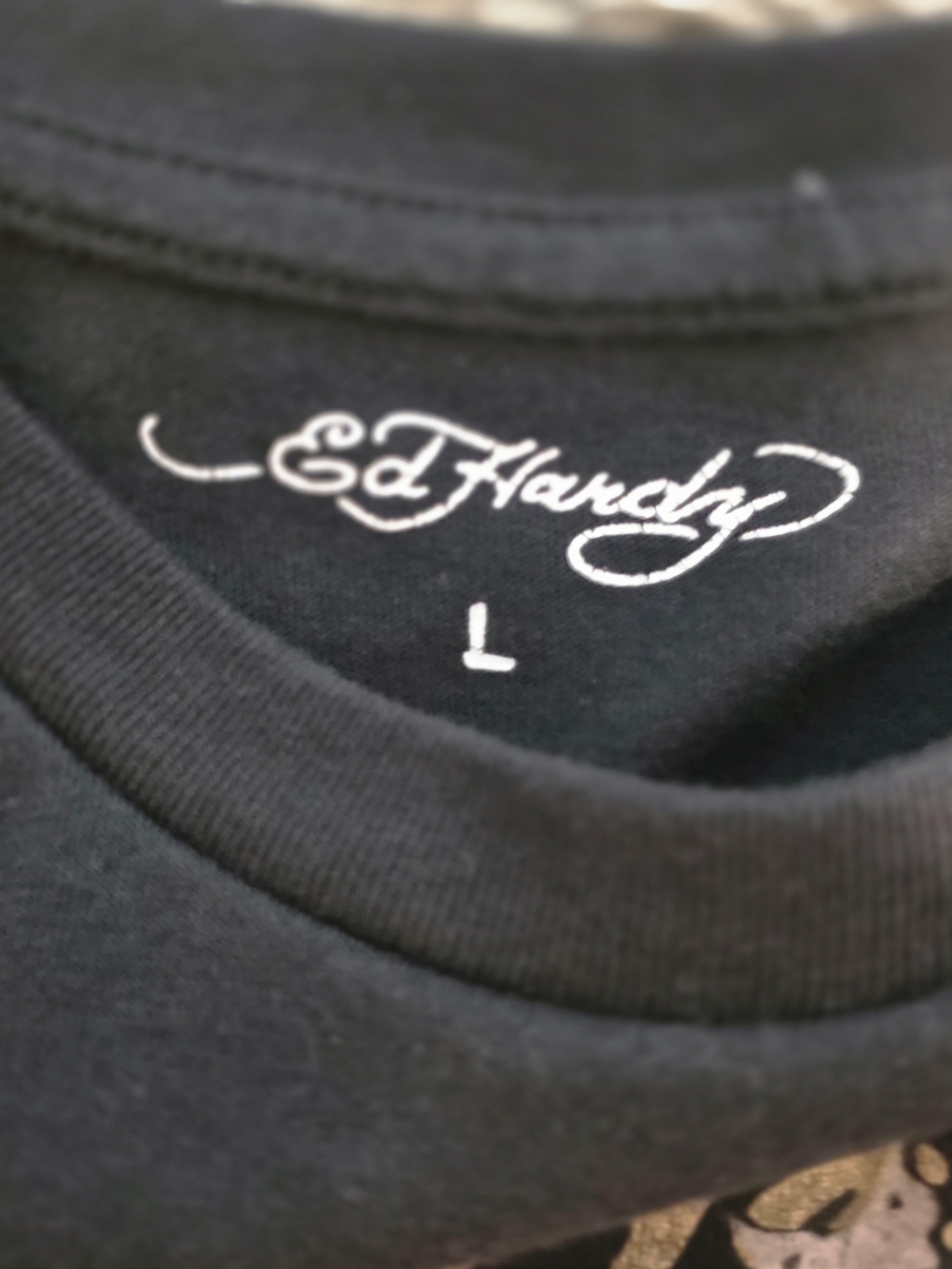 Ed Hardy Black Tee with Gold Logo and Silver Floral Print - Picture 3 of 3
